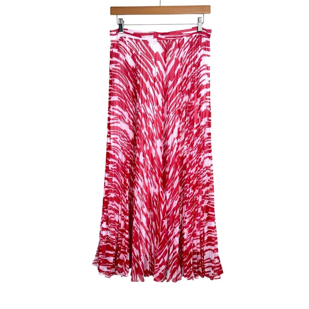 Carmen Marc Valvo Red & White Art to Wear Print Accordion Pleated Midi Skirt